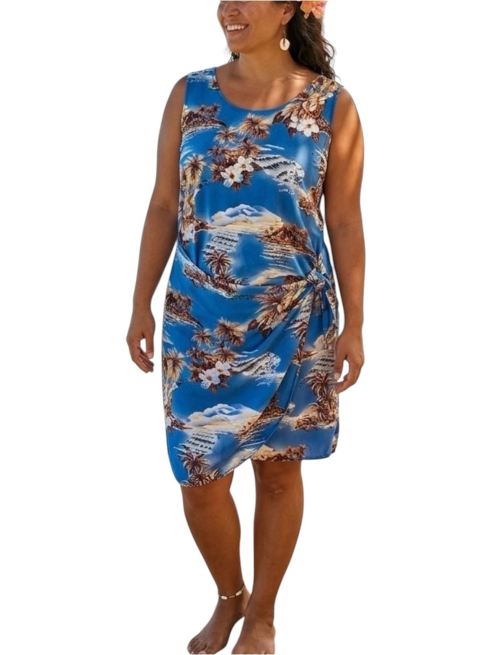 Hilo Hattie Authentic Made in USA Faux Wrap Dress Large Volcano Guitar Hibiscus
